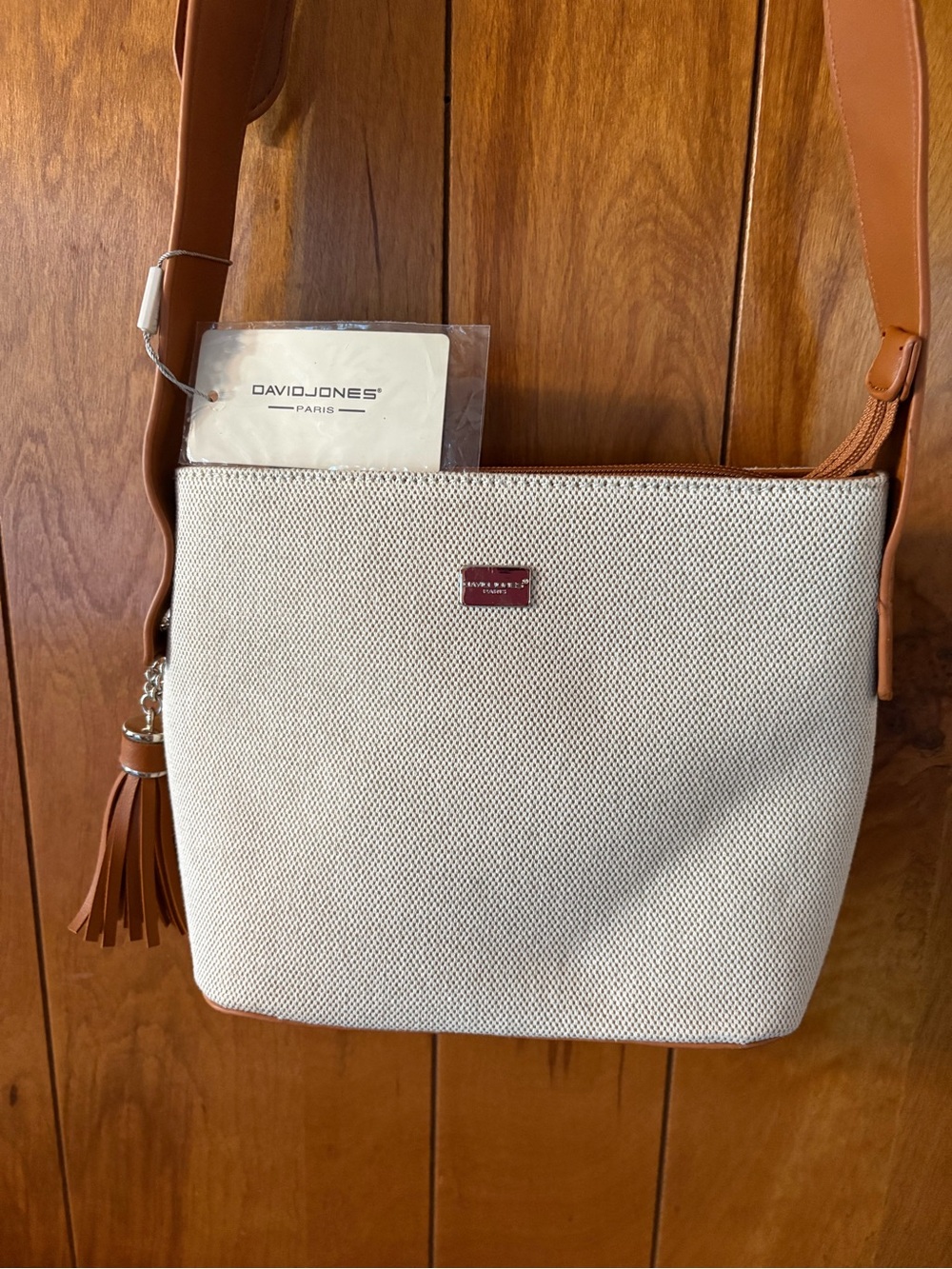 David Jones Cream Canvas Crossbody with Tan Leather Strap - Picture 2 of 6